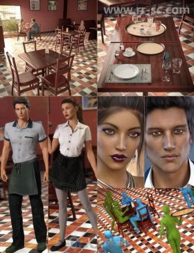 餐厅场景环境男性女性姿势和服务员制服3D模型合辑