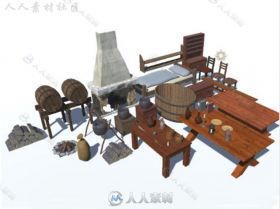 中世纪房屋的内部道具3D模型Unity游戏素材资源