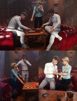 复古中式装修室内场景中下棋喝酒绅士姿势3D模型合集