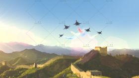 祖国山河壮丽景色战斗机飞翔天空彩虹飘带高清航拍视频素材