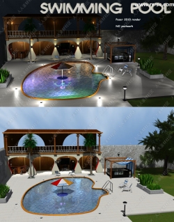 轻松舒适白天夜晚室外游泳池场景3D模型