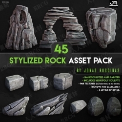 45组高质量风格化岩石游戏资产3D模型