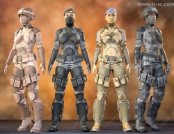 4套帅气科幻女性全套军装服装3D模型