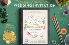 植物修饰水彩婚礼请柬PSD模板第二辑FoliageWatercolor Wedding Invite II