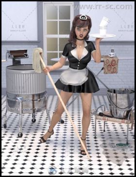 创意经典趣味打扮风格的女性打扫家务姿势和道具3D模型合辑