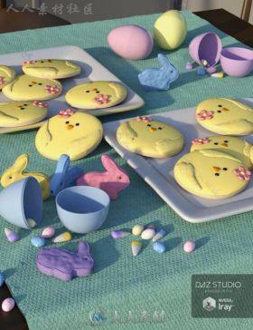 复活节可爱的棉花糖兔子和小鸡饼干3D模型合辑