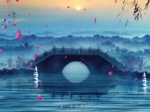 中国风水墨江南拱桥花瓣冬季雪景唯美意境led大屏幕背景视频素材