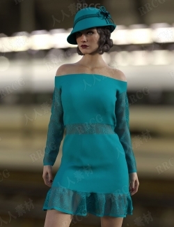 女性复古荷叶边一字肩长袖连衣裙钟形帽服饰套装3D模型合集