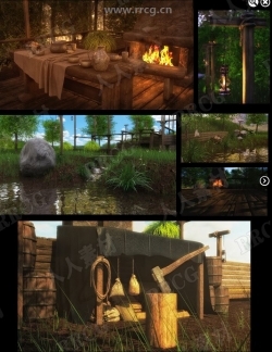 浪漫温暖室外乡村森林池塘野炊露营场景3D模型合集